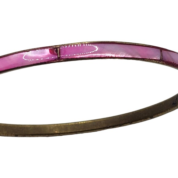 Vintage Inlay MOP Shell Brass Thin Bangle Bracelet Dyed Dark Pink - Picture 2 of 8